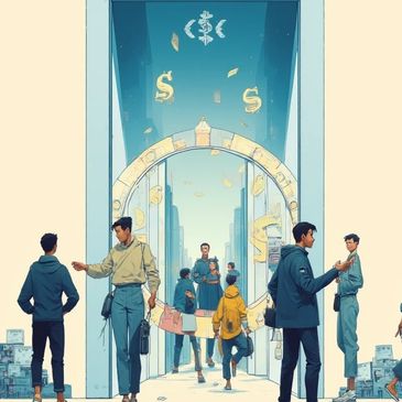 People interacting near a large, glowing portal with floating dollar signs.