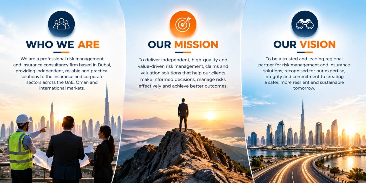 Corporate mission, vision, and who we are statements with Dubai cityscapes.