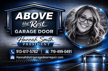 Professional garage door repair contact card with photo and details.