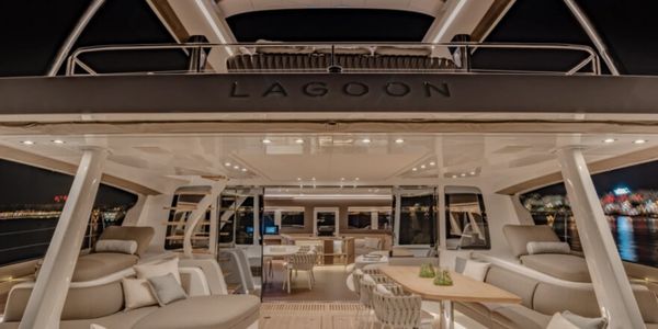 Lagoon 78 Power Catamaran, Auckland. Aft Deck Boat Cleaning
