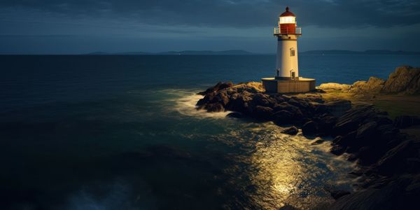 Illuminated lighthouse at night on rocks jutting out into the water, lighting the way to security