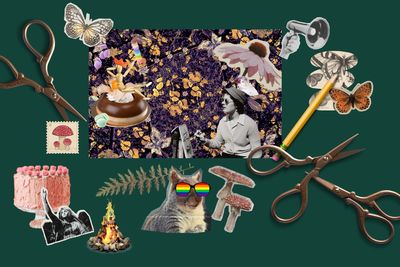 Collage along with cut-out images and scissors showing the process of SoulCollage.