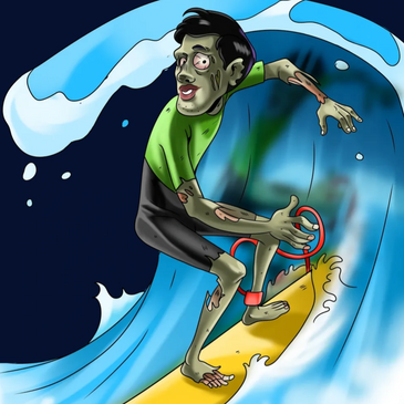 Male Zombie Surfing on a big wave. 
