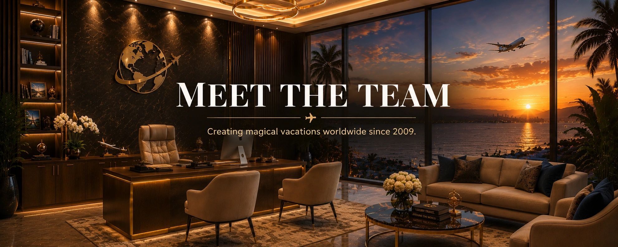 Elegant travel agency office with a sunset ocean view and airplane.