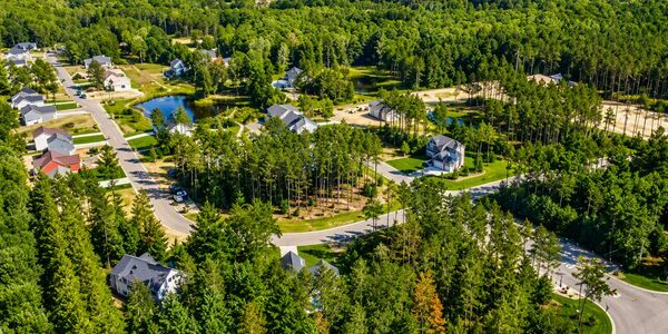 Aerial view of a suburban neighborhood surrounded by trees.