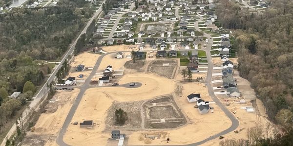 Aerial view of a residential area under construction.