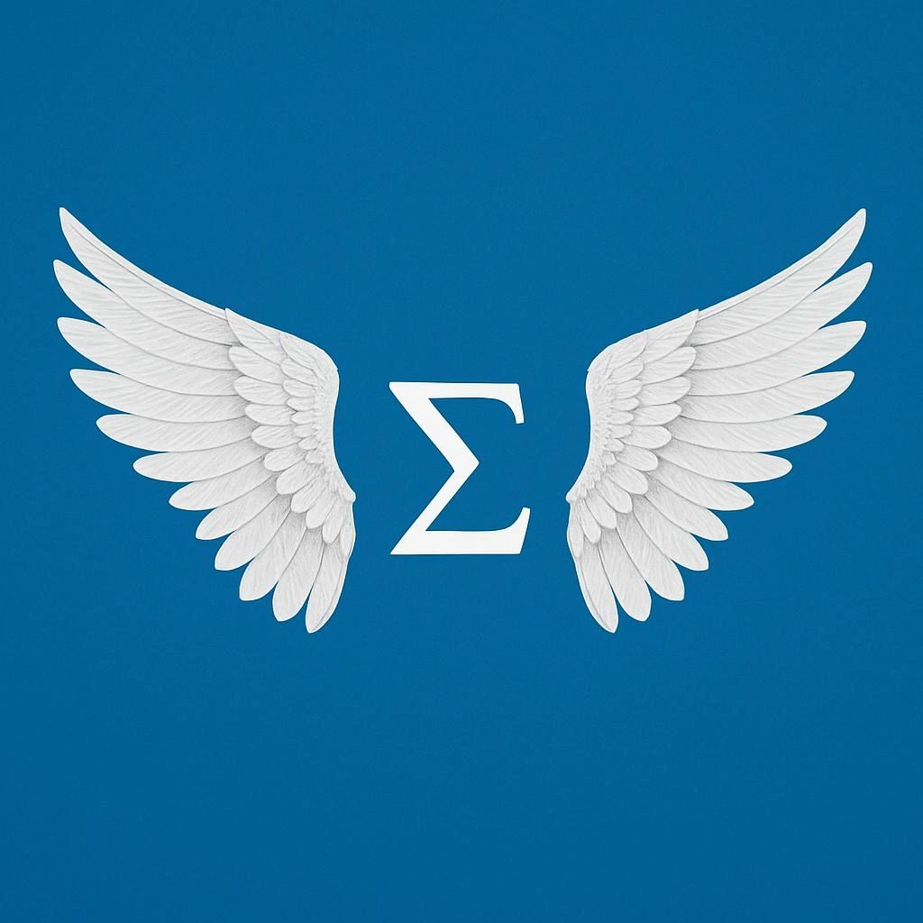 White angel wings flanking a Greek letter Sigma on blue background.