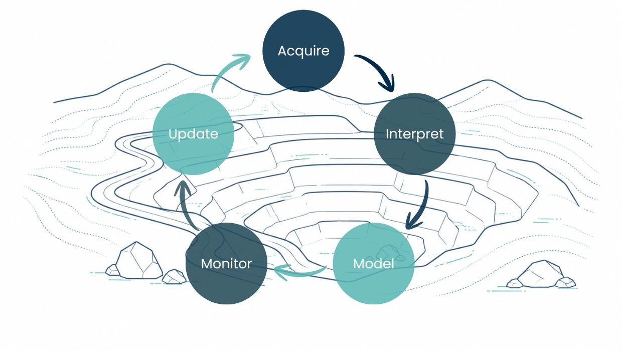A cyclic process diagram with steps Acquire, Interpret, Model, Monitor, and Update.