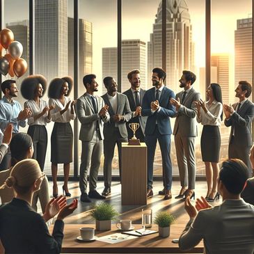 A diverse group of professionals celebrating an award in a modern office with city skyline.