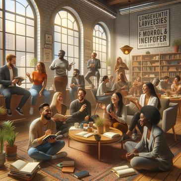 A lively group of diverse people reading and discussing in a sunlit, cozy library lounge.