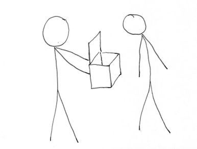 one stick person offering another an open box to look inside