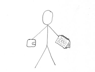 a stick person holding a calendar and a wallet