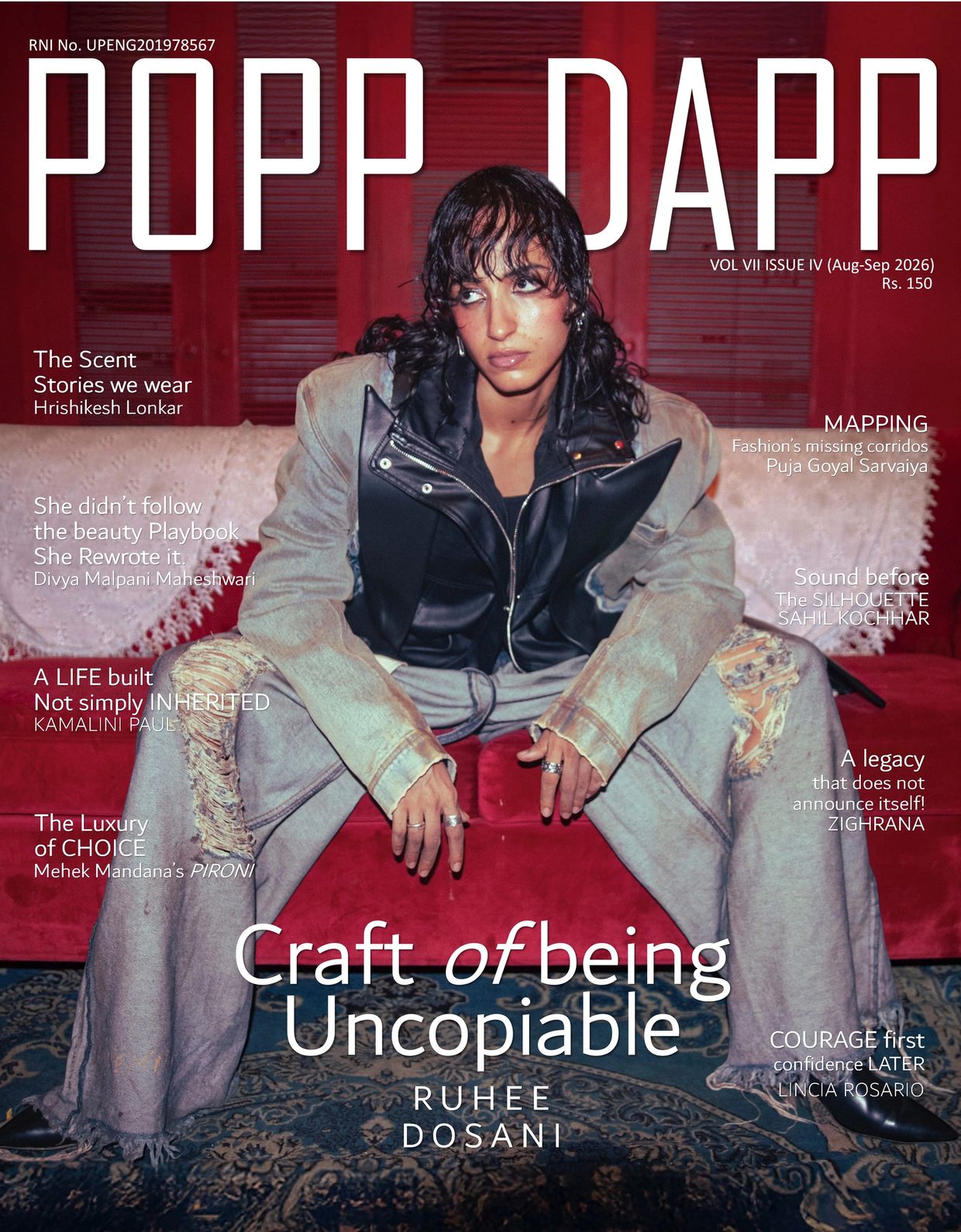 Edgy fashion cover featuring Ruhee Dosani in distressed denim and layered jacket.