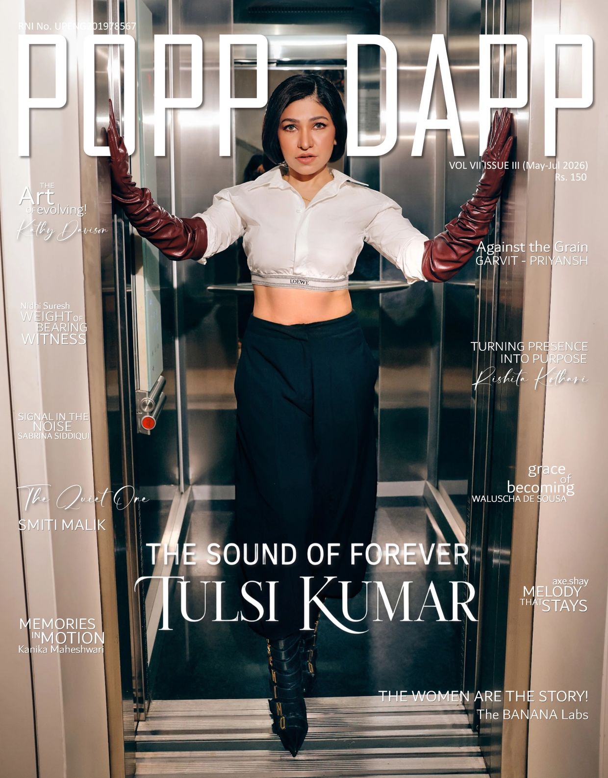 Tulsi Kumar graces the cover of Popp Dapp magazine, showcasing bold fashion in an elevator.