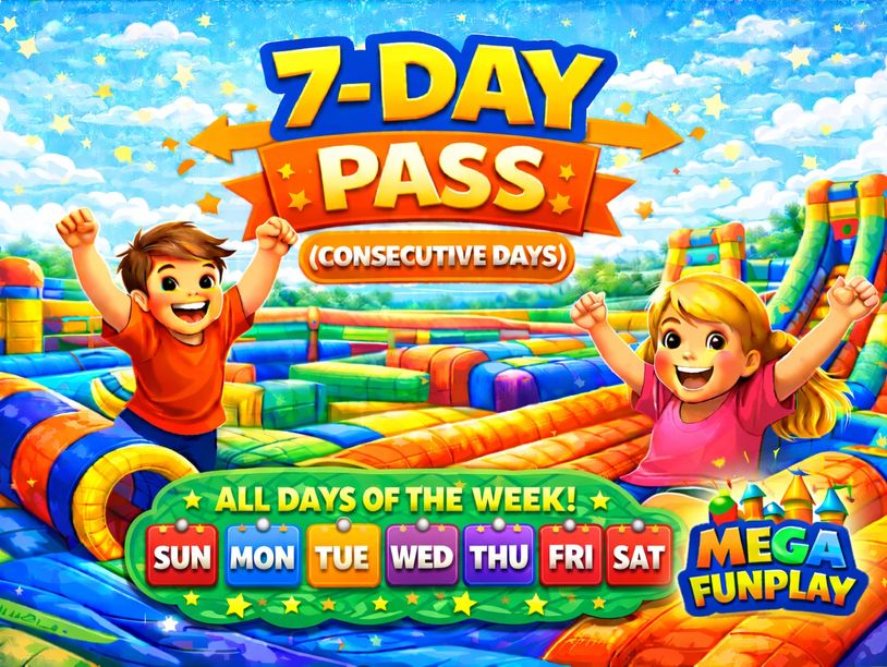 Colorful 7-day pass promotion at Mega Funplay with excited kids and vibrant inflatable playground.