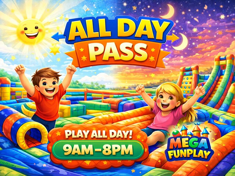 Kids enjoy all-day play at Mega Funplay inflatable park, 9AM-8PM.