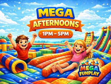 Kids enjoying colorful inflatable slides at Mega Funplay's Mega Afternoons event.
