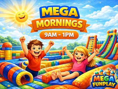 Kids enjoying colorful inflatable playground during Mega Mornings event from 9 AM to 1 PM.
