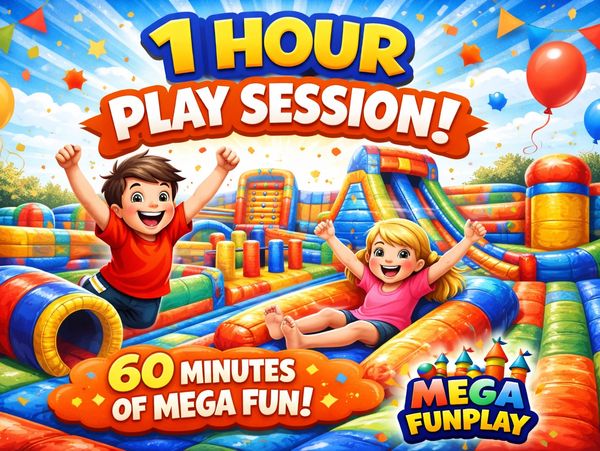 Kids enjoy a colorful 1-hour play session at Mega Funplay inflatable park.