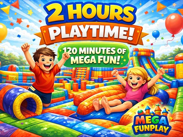 Colorful inflatable playground with happy kids enjoying two hours of fun.