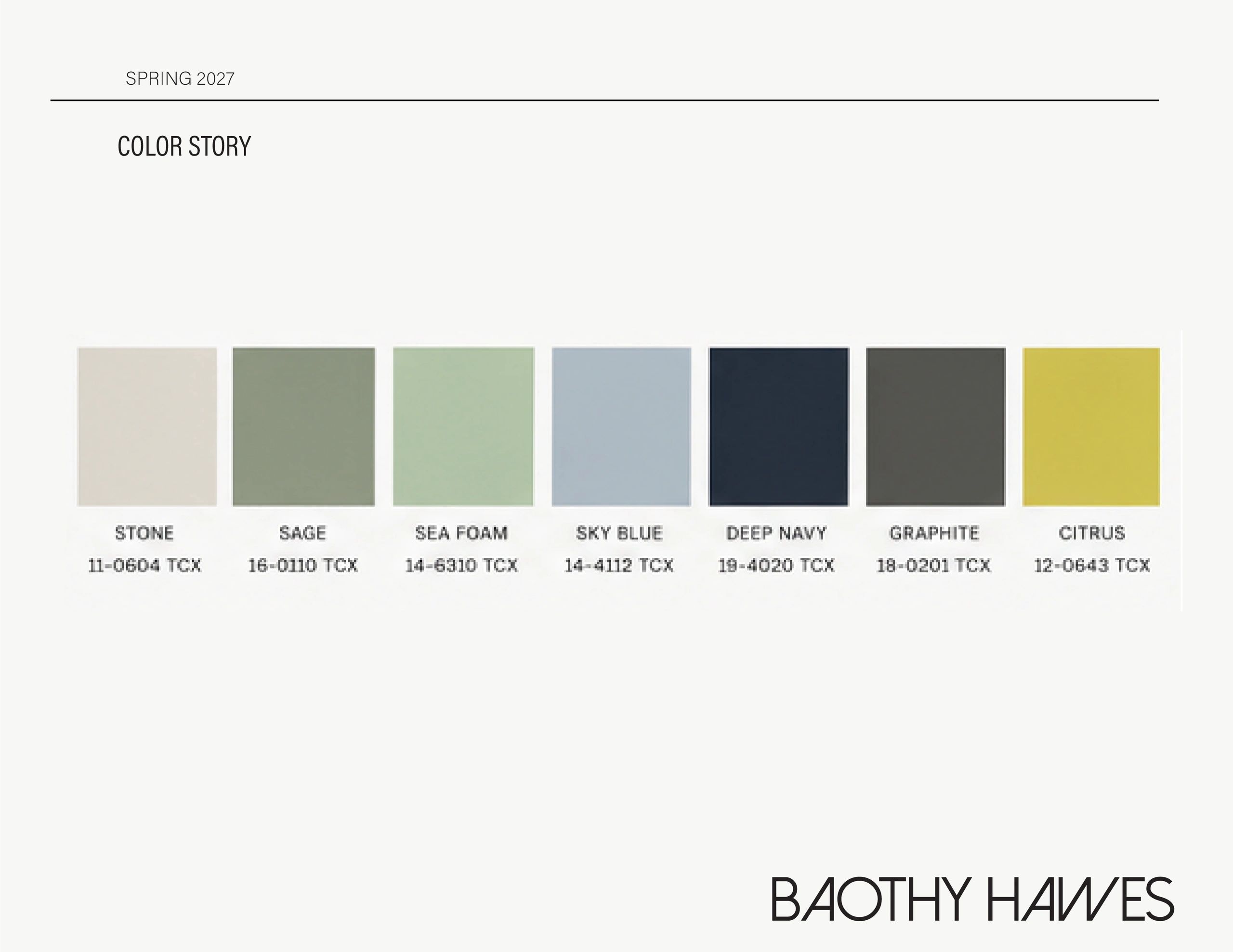 Spring 2027 color story with seven calm and muted tones.