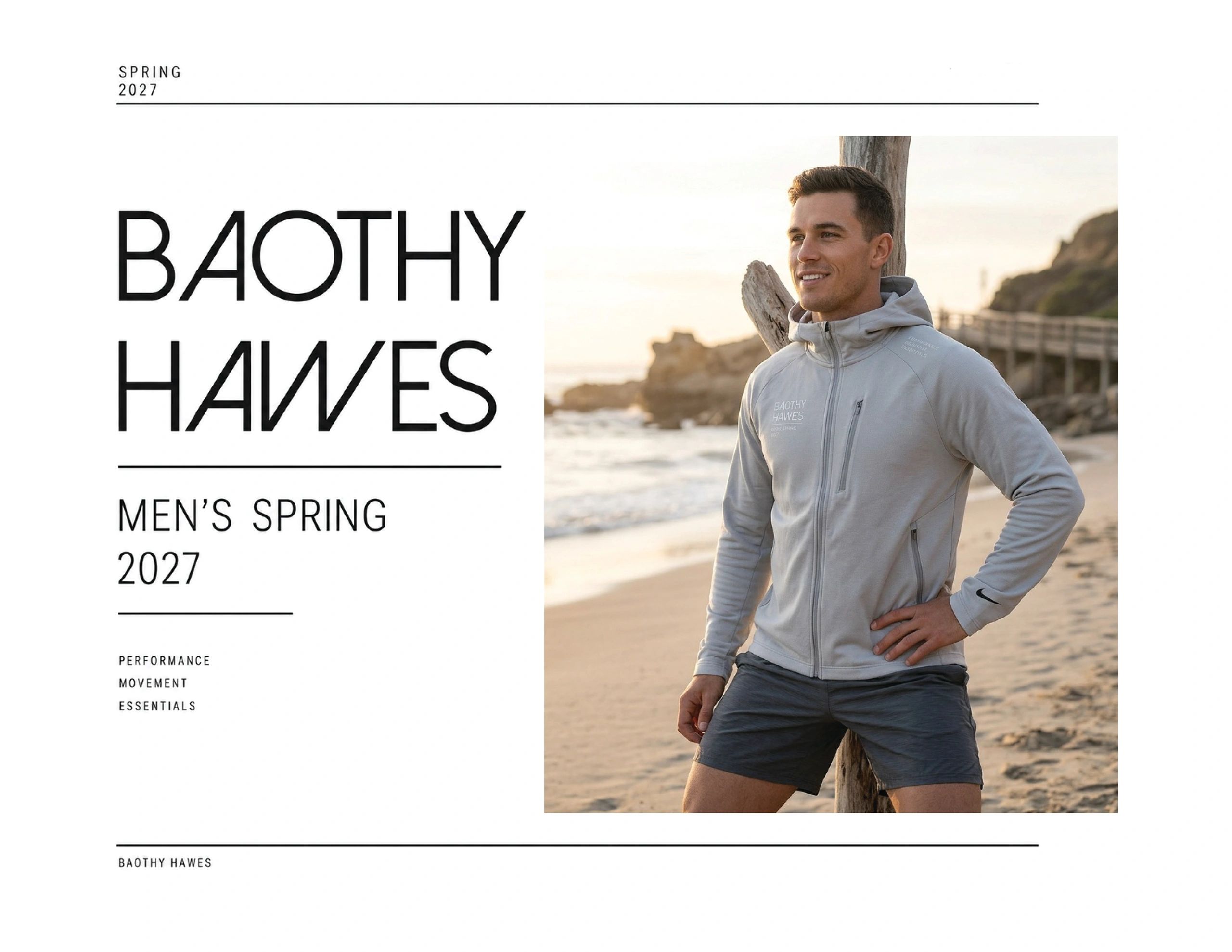 Man in sporty outfit on the beach for Baothy Hawes Spring 2027.