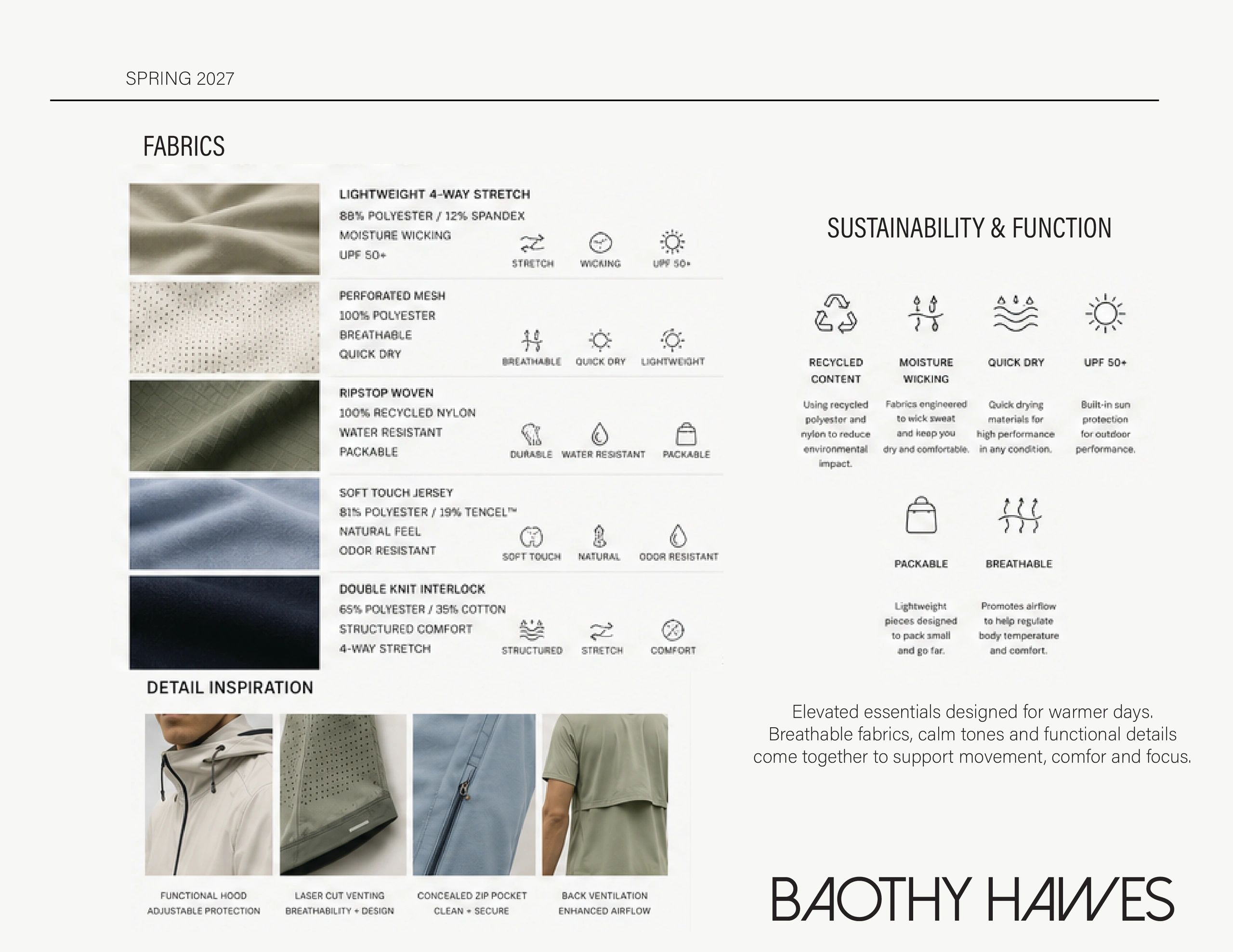 Fabric details and sustainability features for BAOTHY HAWES Spring 2027.