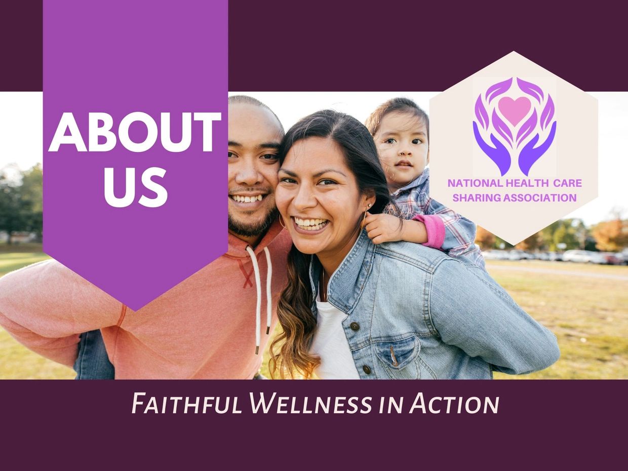 Smiling family outdoors with National Health Care Sharing Association logo and About Us text.