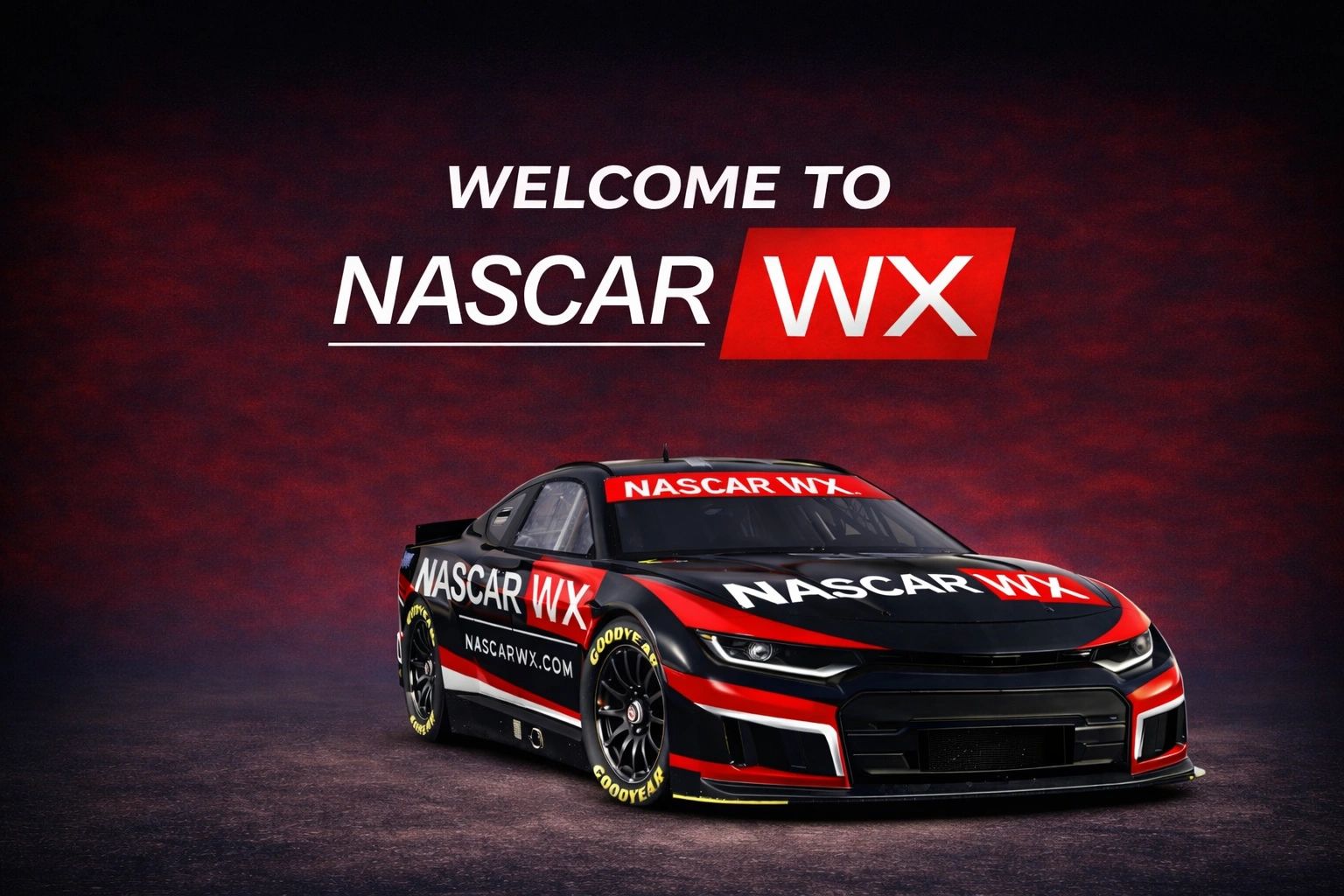 A sleek NASCAR race car with NASCAR WX branding on a dark red background.