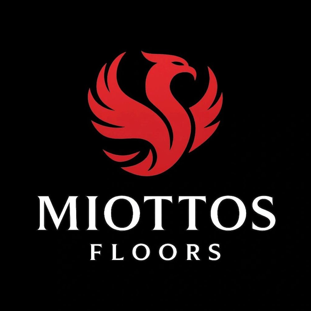 Red phoenix logo with Miottos Floors text on black background.