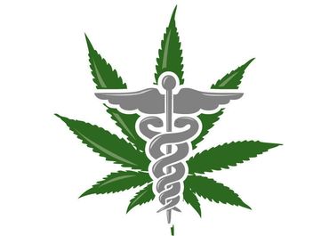 Medical symbol overlaid on a cannabis leaf, representing medical marijuana.