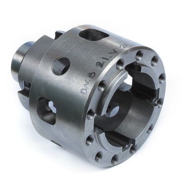 Metal mechanical coupling part with holes and slots.