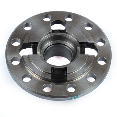 Metal mechanical component with circular holes and cutouts.