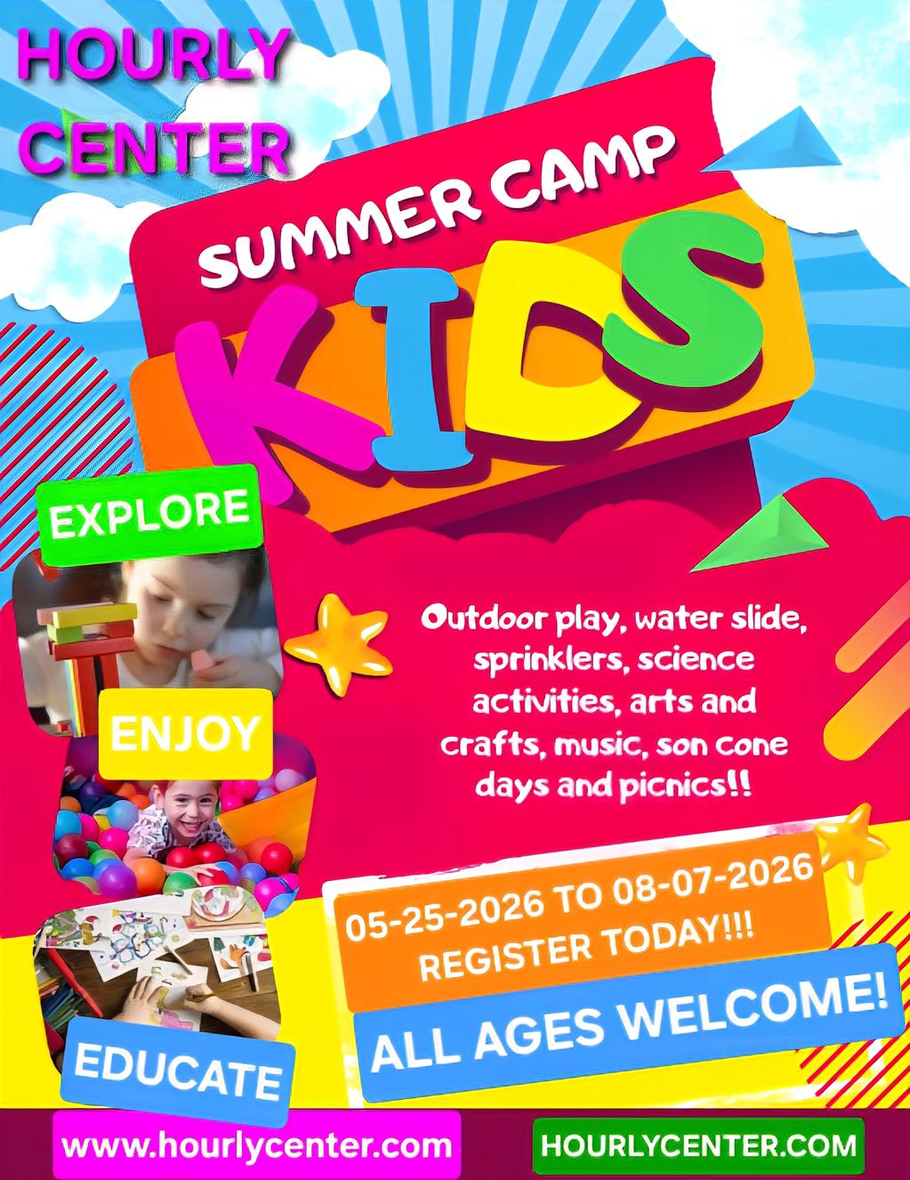 Colorful summer camp ad for kids with activities and registration info.