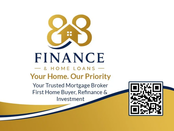 Finance & Home Loans logo with QR code and mortgage services.