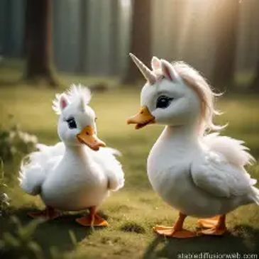 2 small ducks with unicorn horns in  a wooded area