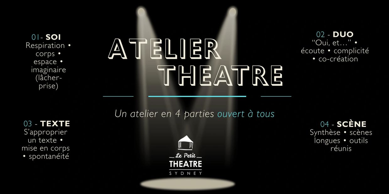 Atelier théâtre en 4 parties, ouvert à tous, avec respiration, duo, texte, et scène.