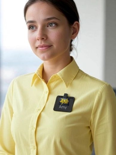 Young woman in a yellow shirt with a name tag that reads Amy.
