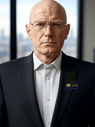 Serious bald man wearing glasses and a suit with a name tag reading Charlie.