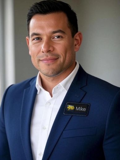 Professional man named Mike wearing a blue suit and name tag.