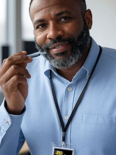 Smiling man with a pen and name tag reading Todd.