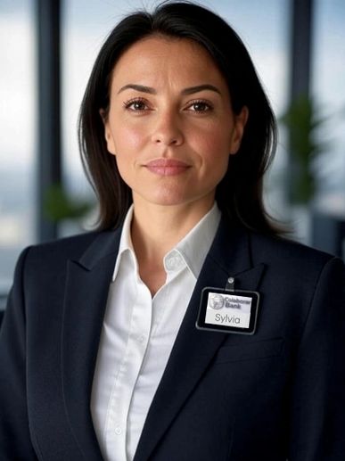 Professional woman named Sylvia in a business suit with a name badge.