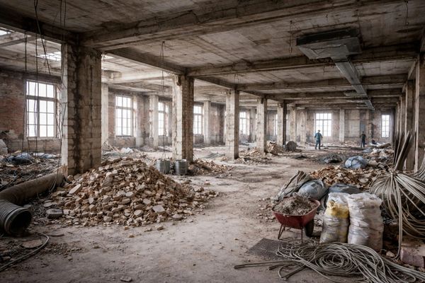 Interior of a large, abandoned building under renovation with debris and construction materials scattered.