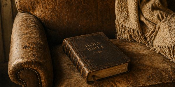 Worn Holy Bible resting on a vintage brown leather armchair.