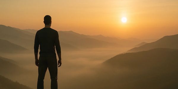 A man stands on a mountain ridge watching the sunrise over foggy valleys.
