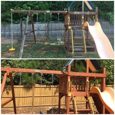 Fence and swing set washed and stained. 