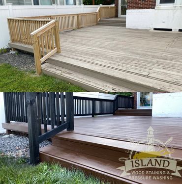 Before and after of wood deck sanded and stained. Two-tone deck