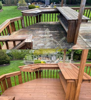 Cedar wood deck restored.  Wood deck cleaned and stained 