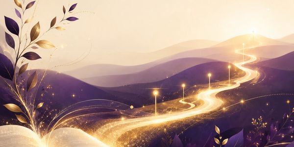 A magical golden path winds through purple hills from an open book.