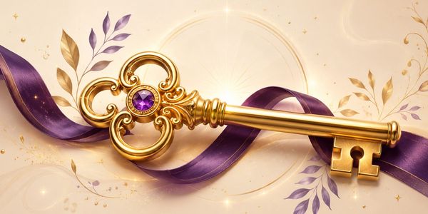 Elegant golden key adorned with a purple gem and ribbon.